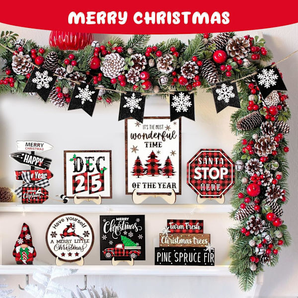 15 stk Julepynt til Lagdelt Brett Juledekorasjoner Juletre Snøfnugg Nisse Lastebil Elg Tre Skilt Perlegardin Buffalo Plaid Dekor