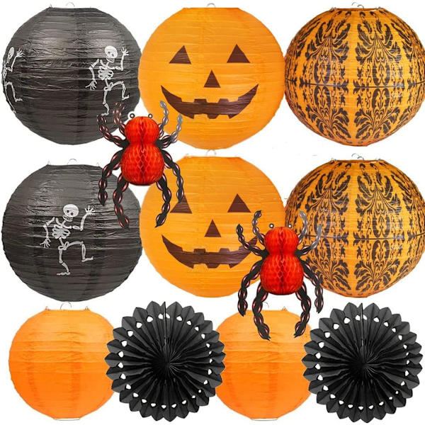 12 st Halloween Hängande Dekorationer Papperslyktor, Jack-O'-Lantern Spindel Skelett Pumpa för Inomhus & Utomhus Spöklikt Heminredning