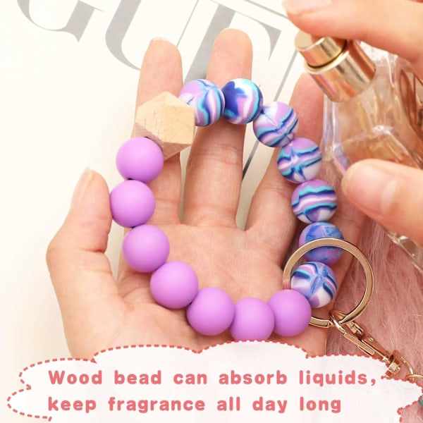 Silikonperle Armbånd Nøglering Håndledsrem Nøglering Bangle Kæder til Kvinder med Læder Kvast Lavender