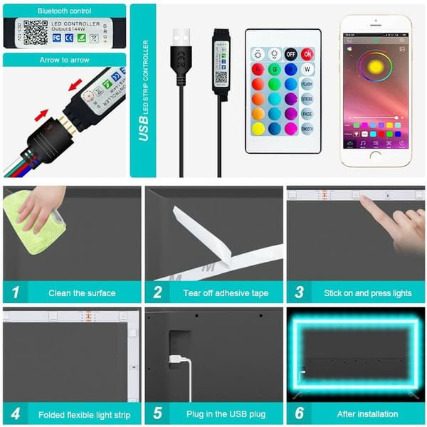 LED-stripe, LED-stripe, LED-stripe, med 24-tasters IR-fjernkontroll, Bluetooth, 5 m (18 lamper/meter)