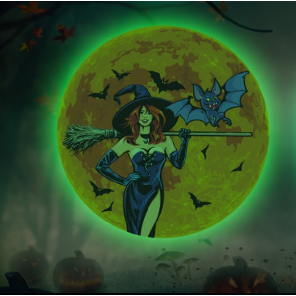 Halloween-lepakko, -noita ja -korppi hehkuvat kuunjuhlan koristeet, fluoresoivat seinätarra (vihreä valo, korppi)