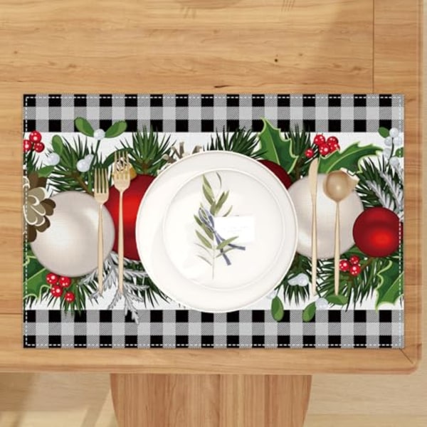 Linne Röd och Svart Buffalo Check Rutiga Julmattor Set om 4 Farmhouse Vinter Jul Jul Semester Hem Köksbord Dekorationer A