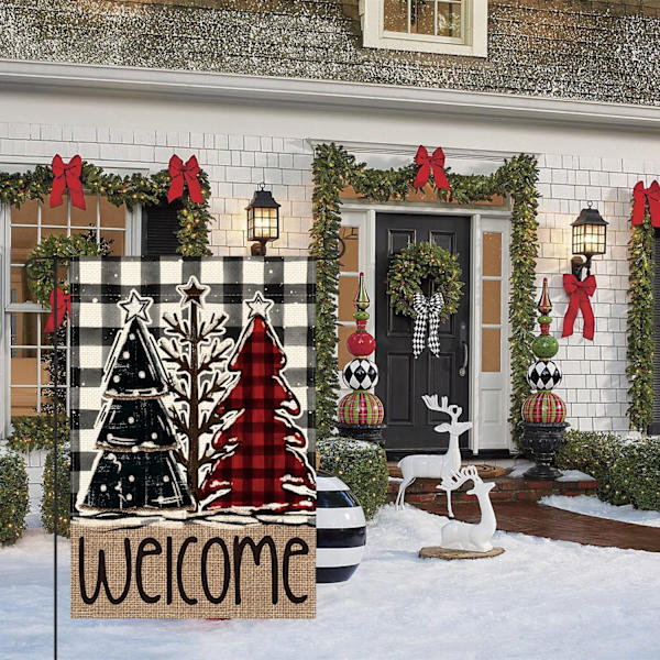 Glædelig Jul Træ Haveflag 12x18 Tommer Dobbeltsidet Ude, Rustik Buffalo Plaid Vinter Burlap Have Udendørs Dekorativt Flag
