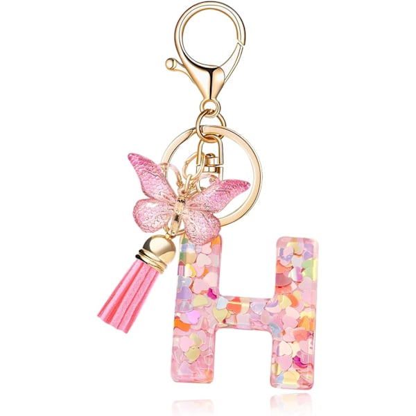 Mode Alphabet Initial Bogstav Nøglering Tassel Butterfly Vedhæng Nøglering til Pung Håndtasker Kvinder Pige Pink Butterfly Letter H