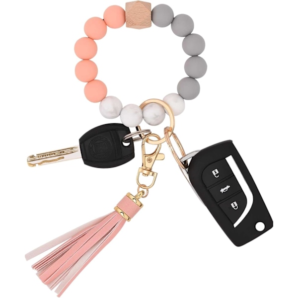 Silikonperle Armbånd Nøglering Håndledsrem Nøglering Bangle Kæder til Kvinder med Læder Kvast Peach