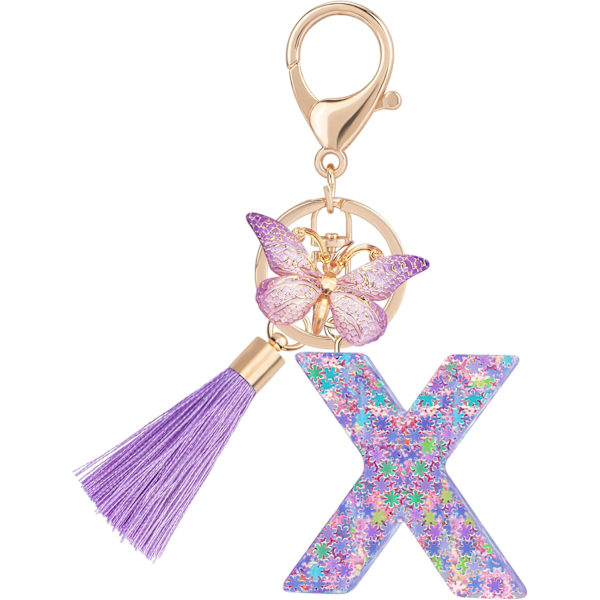 Sööt roosad võtmehoidjad naistele ja tüdrukutele, algustähega võtmehoidjad tutiga, ripatsid võtmetele, rahakotile, käekottidele ja seljakottidele Purple Butterfly Letter-x