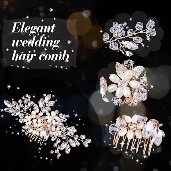 5 st bröllopshårkam brud hårnålar kristall pärla hårtillbehör strass blomma hårbit för bröllop brud kvinnor (rosguld, klassisk stil) Rose Gold