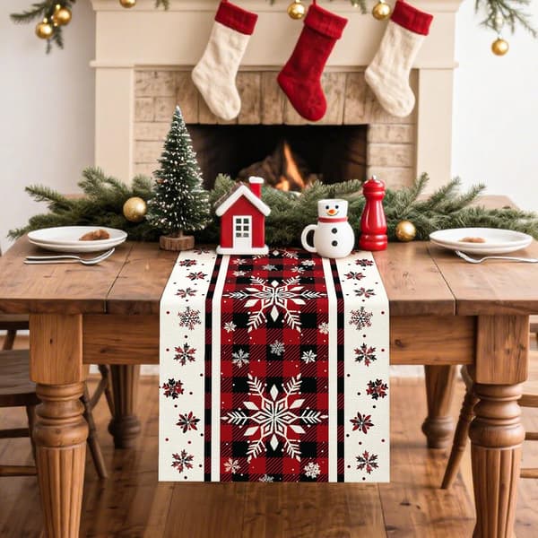 Snöflinga bordslöpare, 33 x 183 cm, vinter-buffelrutig design för julköket och hemdekoration