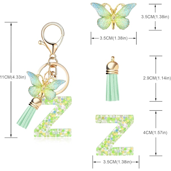 Mode Alphabet Initial Bogstav Nøglering Tassel Butterfly Vedhæng Nøglering til Pung Håndtasker Kvinder Pige Green Butterfly Letter Z