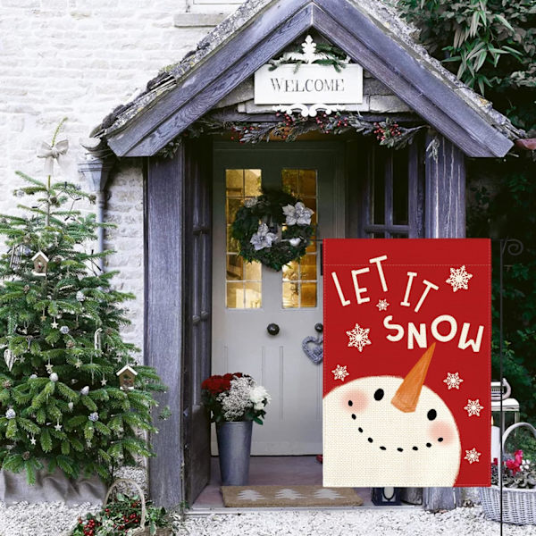 Snögubbe Snöflinga Trädgårdsflagga 12 x 18 Tum Dubbelsidig Utomhus, Jul Vinter Semester Gräsmatta Utomhus Dekorativ Flagga Red/White