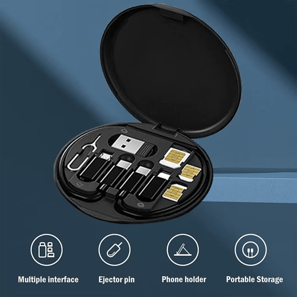 Multikabel oppbevaringsveske med USB-C Micro USB og Lightning-adaptere Dataoverføringssett Svart