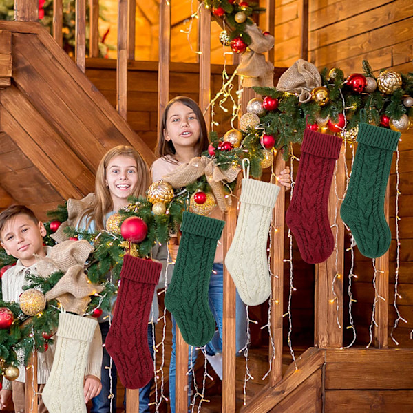 Jule Strømper, 6 Pak 18 Tommer Strikket Jule Strømper Julemand Hængende Strømper til Familie Julepynt Burgundy, Green, Ivory