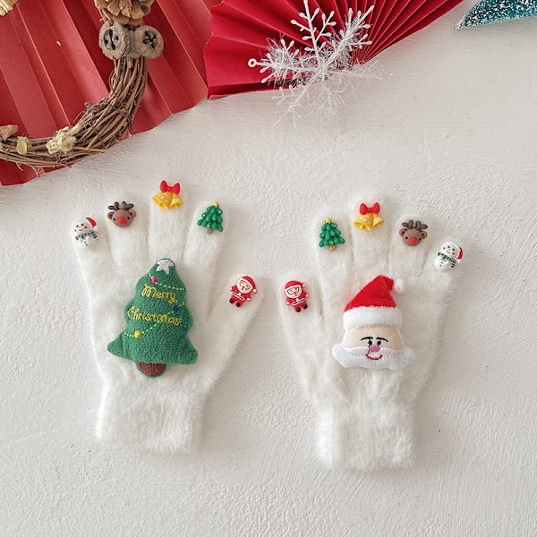 Julehandsker til Mænd og Kvinder i Vinter - Bløde og Varme Fem - fingers Handsker med Dukke Design til Udendørs Kørsel og Studerende, Hvid Black