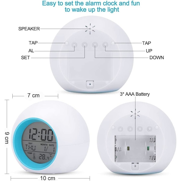 Barnklocka, digital klocka med 7-färgad nattlampa, väckarklockor för pojkar flickor, batteridriven snooze-funktion, klocka för sängbord sovrum skrivbord