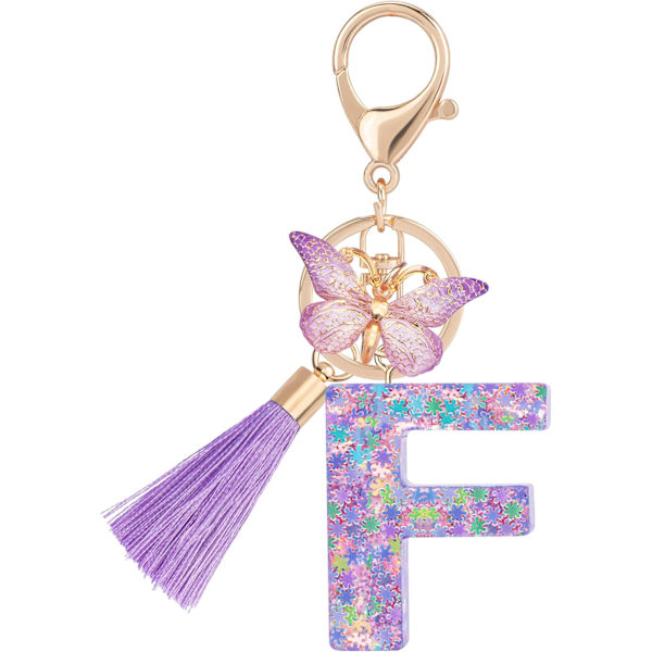 Sööt roosad võtmehoidjad naistele ja tüdrukutele, algustähega võtmehoidjad tutiga, ripatsid võtmetele, rahakotile, käekottidele ja seljakottidele Purple Butterfly Letter-f
