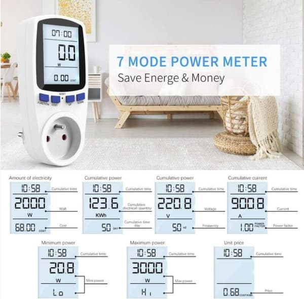 Strømuttak med energimåler, 7 moduser, LCD-skjerm, energibesparende energimåler, 3680 W