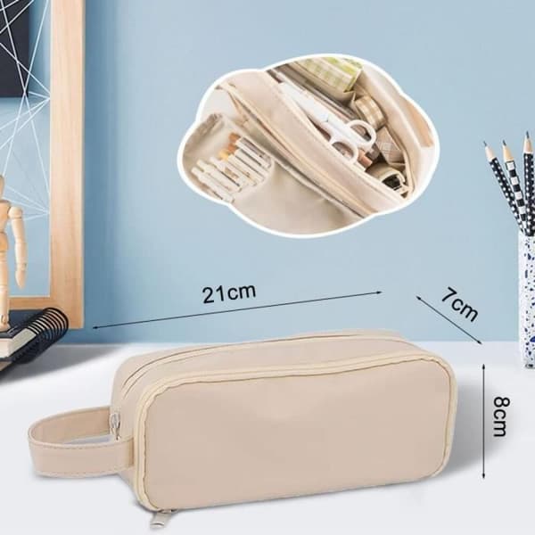 Søtt penal til skolen, 5 rom, beige, PVC, glidelås.