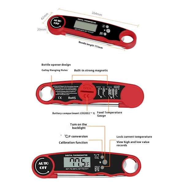 Digital Kötttermometer, 3s Instant Läsning Kocktermometer, Vikbar Sond Grilltermometer med Hög Noggrannhet, Bakgrundsbelyst LCD-Skärm