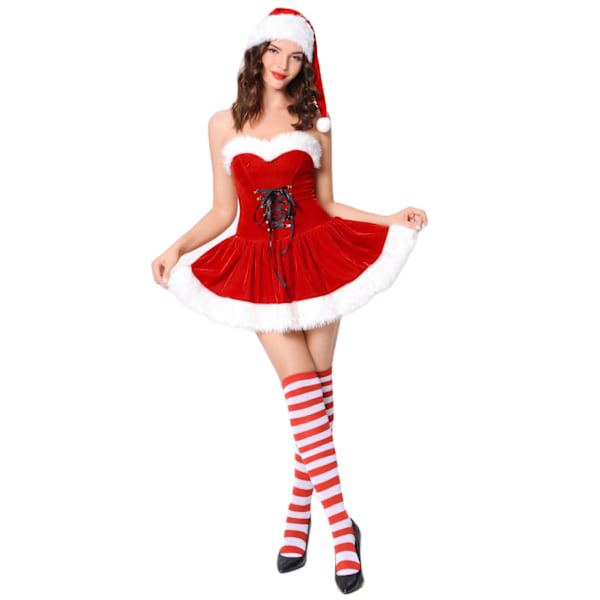 Nydelig Julekostyme Sett for Kvinner - Perfekt for Cosplay, Fester og Sceneopptredener Julefeiringer med Hatt, Skjørt og Stripete Sokker M