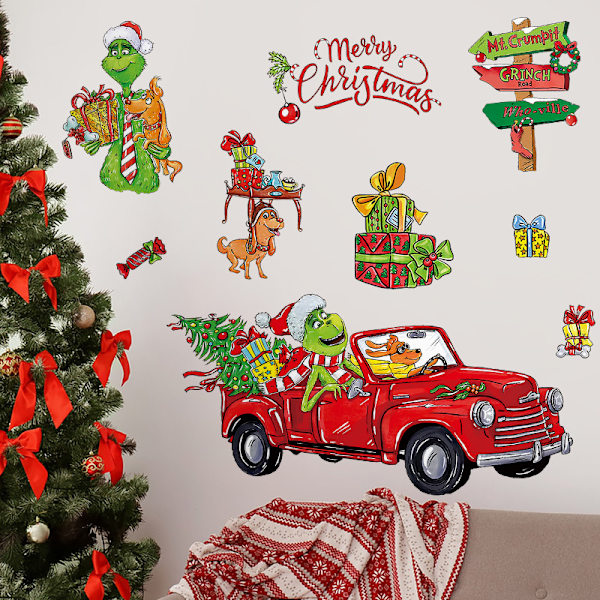 Grinch Veggdekor - 17 stk i 2 ark med PVC Juledekorasjoner for vegger og vinduer, Tegneseriefilm - tema for julemagi