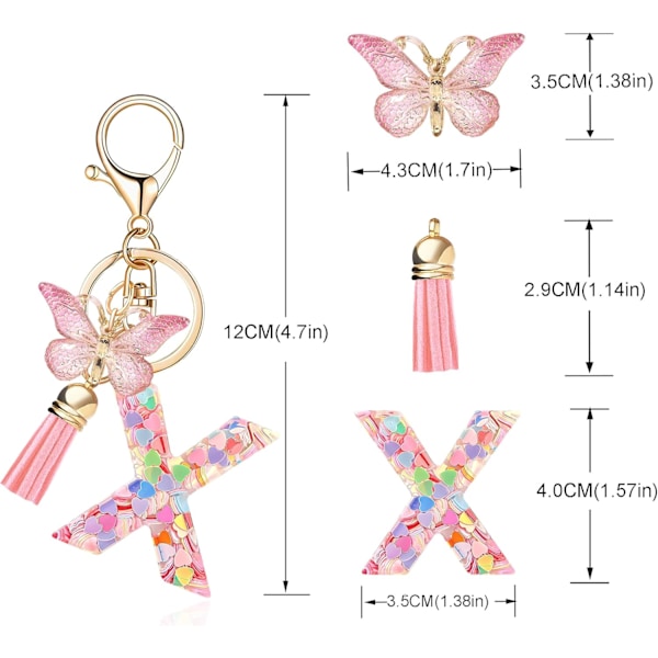 Mode Alphabet Initial Bogstav Nøglering Tassel Butterfly Vedhæng Nøglering til Pung Håndtasker Kvinder Pige Pink Butterfly Letter X