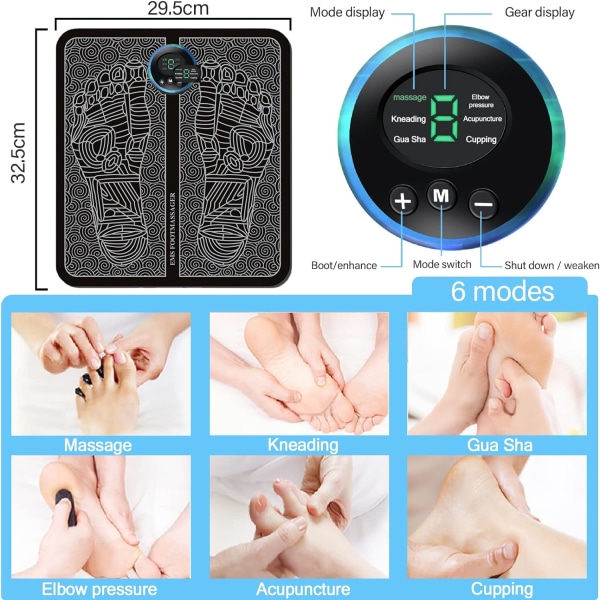 Elektrisk fodmassager, EMS elektrisk fodmassageapparat med 6 tilstande, USB genopladelig fodmassager til smertelindring og blodcirkulation