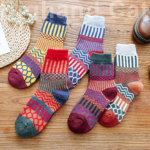 5 Par Dame Vintage Stil Tykke Uld Varme Vinter Strømper A11