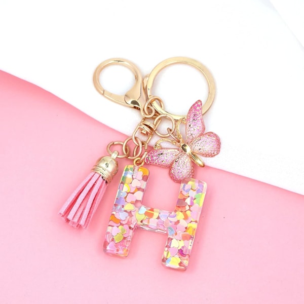 Mode Alphabet Initial Bogstav Nøglering Tassel Butterfly Vedhæng Nøglering til Pung Håndtasker Kvinder Pige Pink Butterfly Letter H