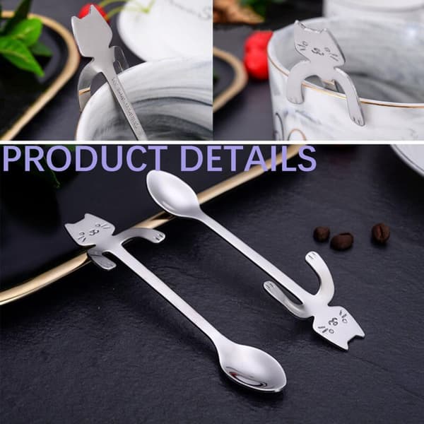 5 stk. Mini Kat Kaffeskeer (11,7 × 1,9 cm), 304 Rustfrit Stål Søde Teskeer til Is, Te, Dessert, Suppe