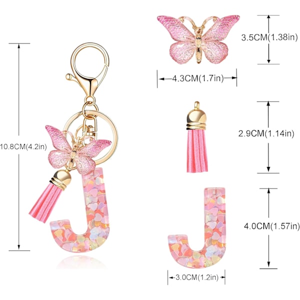 Mode Alphabet Initial Bogstav Nøglering Tassel Butterfly Vedhæng Nøglering til Pung Håndtasker Kvinder Pige Pink Butterfly Letter J