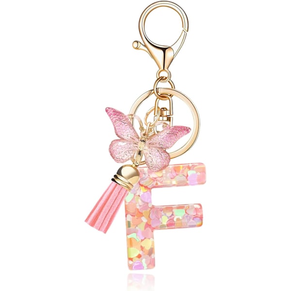 Mode Alphabet Initial Bogstav Nøglering Tassel Butterfly Vedhæng Nøglering til Pung Håndtasker Kvinder Pige Pink Butterfly Letter F
