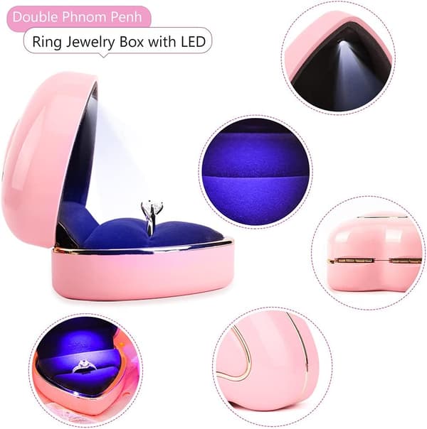 Hjerteforlovelsesringboks LED Ringboks Smykkeboks Bryllupsringboks Frieri Rosa