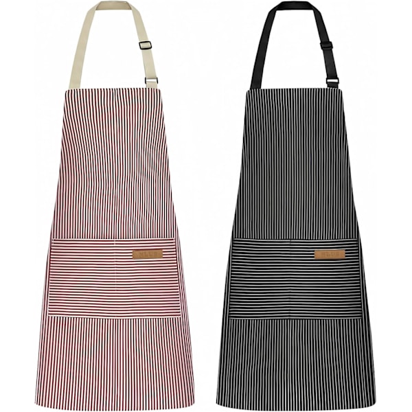 2 Pak Køkken Kogeforklæder, Justerbar Bib Blød Kokkeforklæde med 2 Lommer til Mænd Kvinder       Sort Pinstripes/Pink Pinstripes B