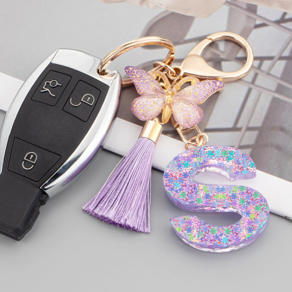 Sødt Rosa Nøglering til Kvinder Piger, Initialbogstav Nøglering med Kvast, Charms til Nøglepung Håndtasker Rygsække Purple Butterfly Letter-s