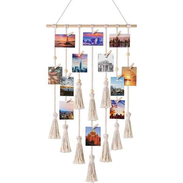 Makramé Väggbonad med 25 Träklämmor Boho Fotovisning Fransdekor för Vardagsrum Sovrum Present