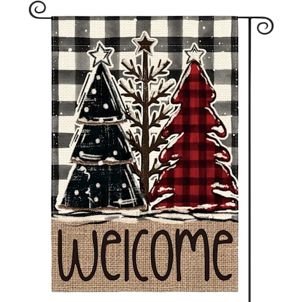 Glædelig Jul Træ Haveflag 12x18 Tommer Dobbeltsidet Ude, Rustik Buffalo Plaid Vinter Burlap Have Udendørs Dekorativt Flag