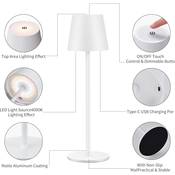 Led-bordlampe med indbygget 4600 mAh batteri - Genopladelig bordlampe med touch-kontrol - Trådløs bordlampe til skrivebord, natbord, stue (hvid) White
