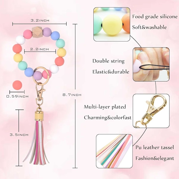 Silikonperle Armbånd Nøglering Håndledsrem Nøglering Bangle Kæder til Kvinder med Læder Kvast Rainbow