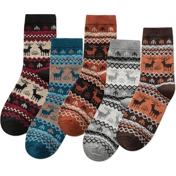 5 Par Damsockor i Vintage Stil, Tjockt Ull, Varma Vinterstrumpor A6