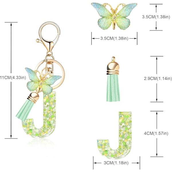 Mode Alphabet Initial Bogstav Nøglering Tassel Butterfly Vedhæng Nøglering til Pung Håndtasker Kvinder Pige Green Butterfly Letter J
