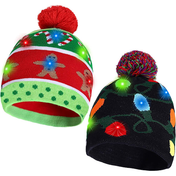 2-pack Jultomte LED-stickad mössa med blinkande ljus - Färgglada blinkande juldekorationer för fest (One Size Fits More) Green
