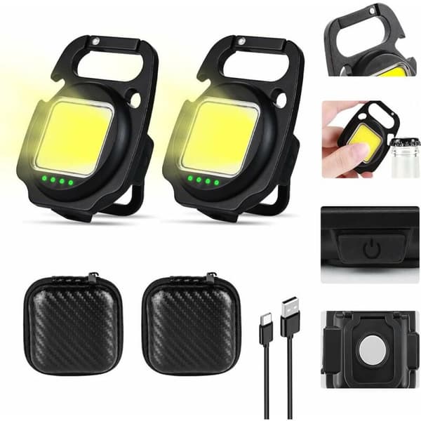 Lommelykter - Pakke med 2 mini lommelykter, USB oppladbare, vanntette, multifunksjonelle