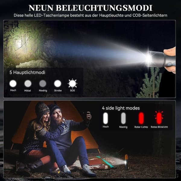 LED lommelygte, 9 belysningsindstillinger, IP65 vandtæt