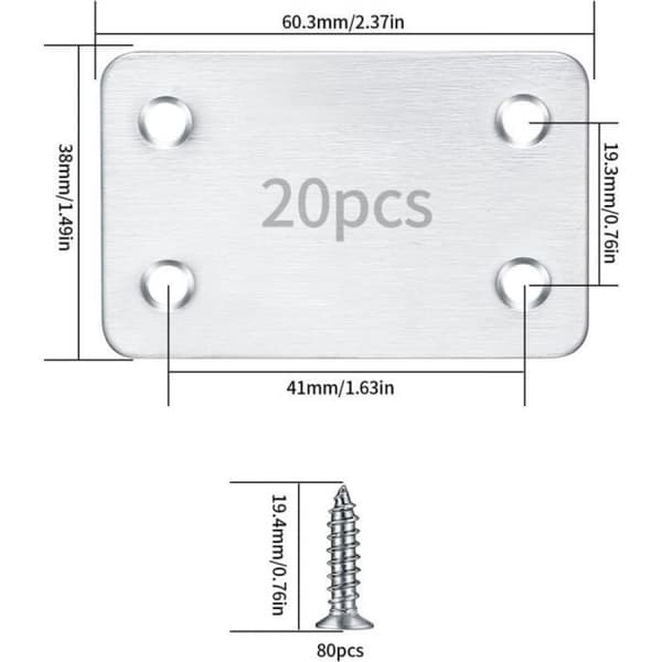 20-delt sæt med perforerede panelkonnektorer, 38×60 mm sølv, til at forbinde og forstærke træ og møbler