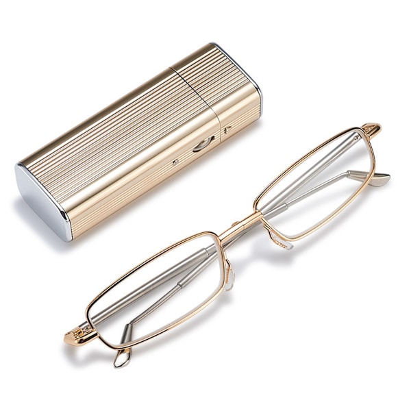 Højendfoldbare læsebriller, stilfulde ultralette anti-blåt lys teleskopiske læsebriller metalboks, bærbare, indtrækkelige og foldbare, guld0 d 0 degrees blue light protection