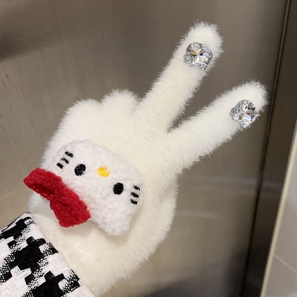 Glittriga Vantar för Kvinnor på Vintern - Varma, Fluffiga Hello KT - tema Pälsvantar med Tjocklek för Studenters Fem - fingerskydd! white