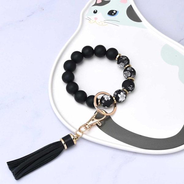 Silikonperle Armbånd Nøglering Håndledsrem Nøglering Bangle Kæder til Kvinder med Læder Kvast Flower Black