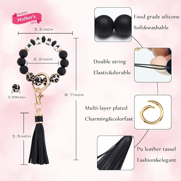 Silikonperle Armbånd Nøglering Håndledsrem Nøglering Bangle Kæder til Kvinder med Læder Kvast Mama-leopard and Black
