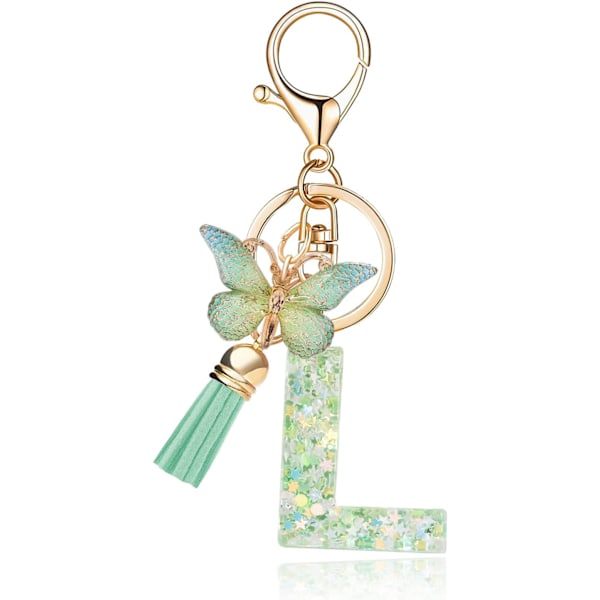 Mode Alphabet Initial Bogstav Nøglering Tassel Butterfly Vedhæng Nøglering til Pung Håndtasker Kvinder Pige Green Butterfly Letter L