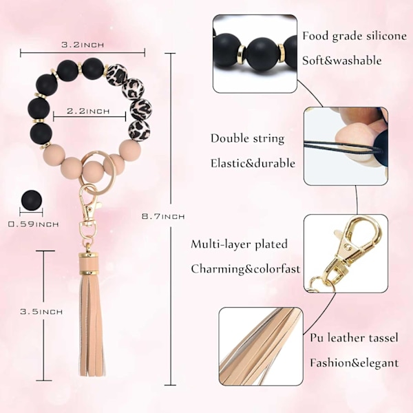 Silikonperle Armbånd Nøglering Håndledsrem Nøglering Bangle Kæder til Kvinder med Læder Kvast Khaki Black